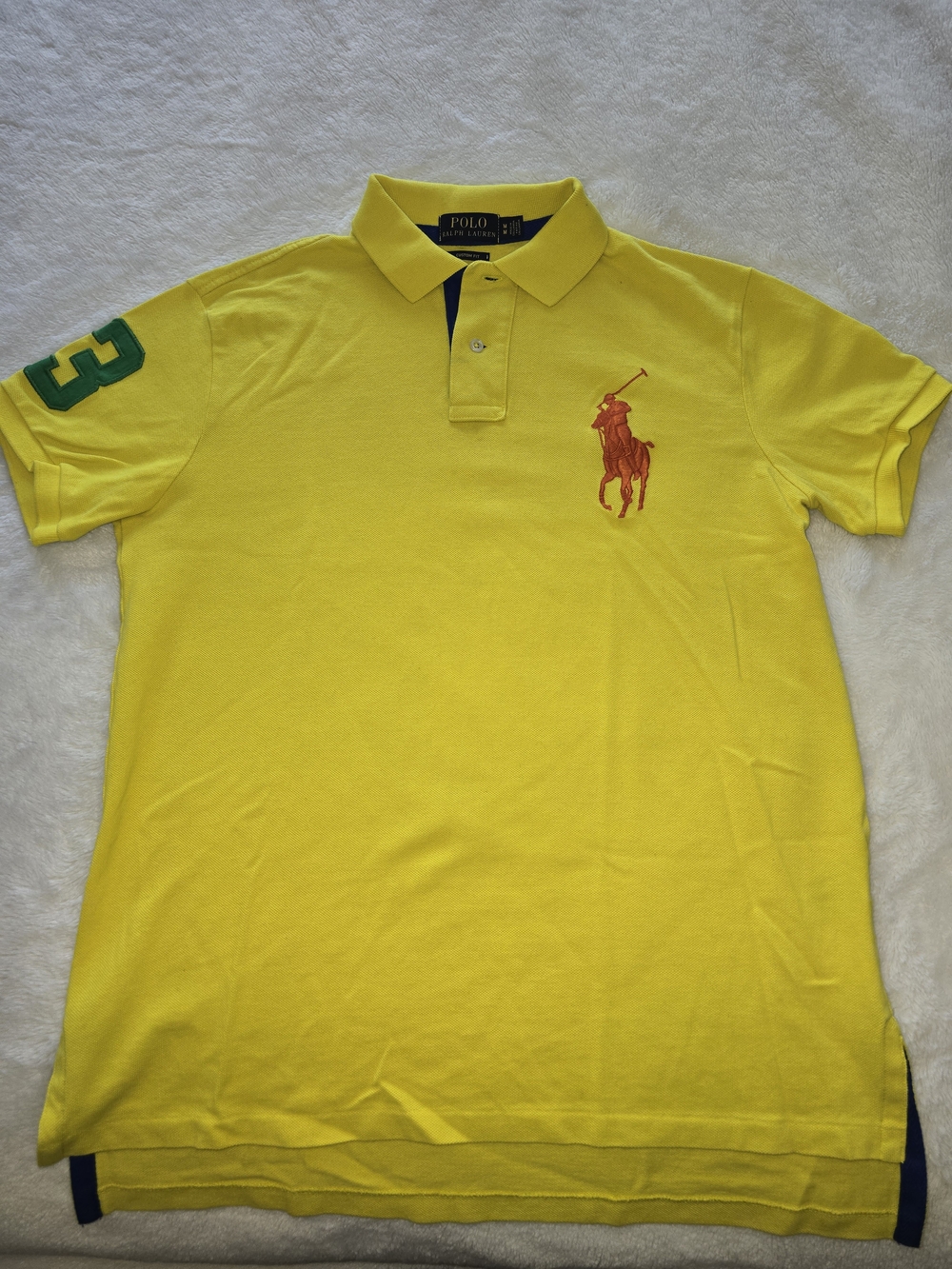 Ralph Lauren Men's Bright Yellow Polo with Red Pony and Green Sleeve Patch